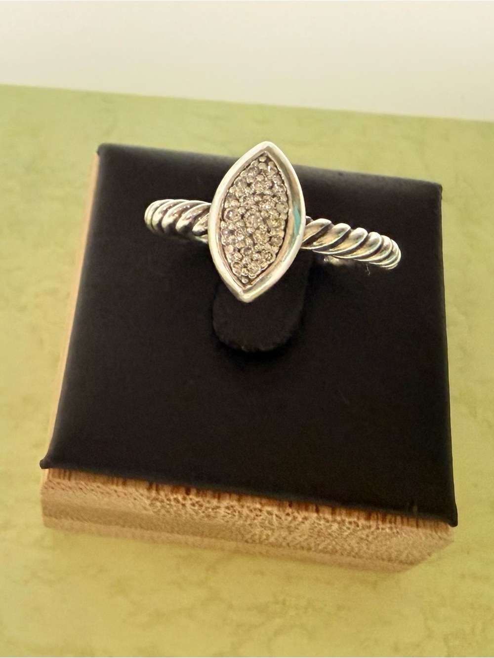 David Yurman Silver Pavé Marquise Ring with Twisted Rope Band